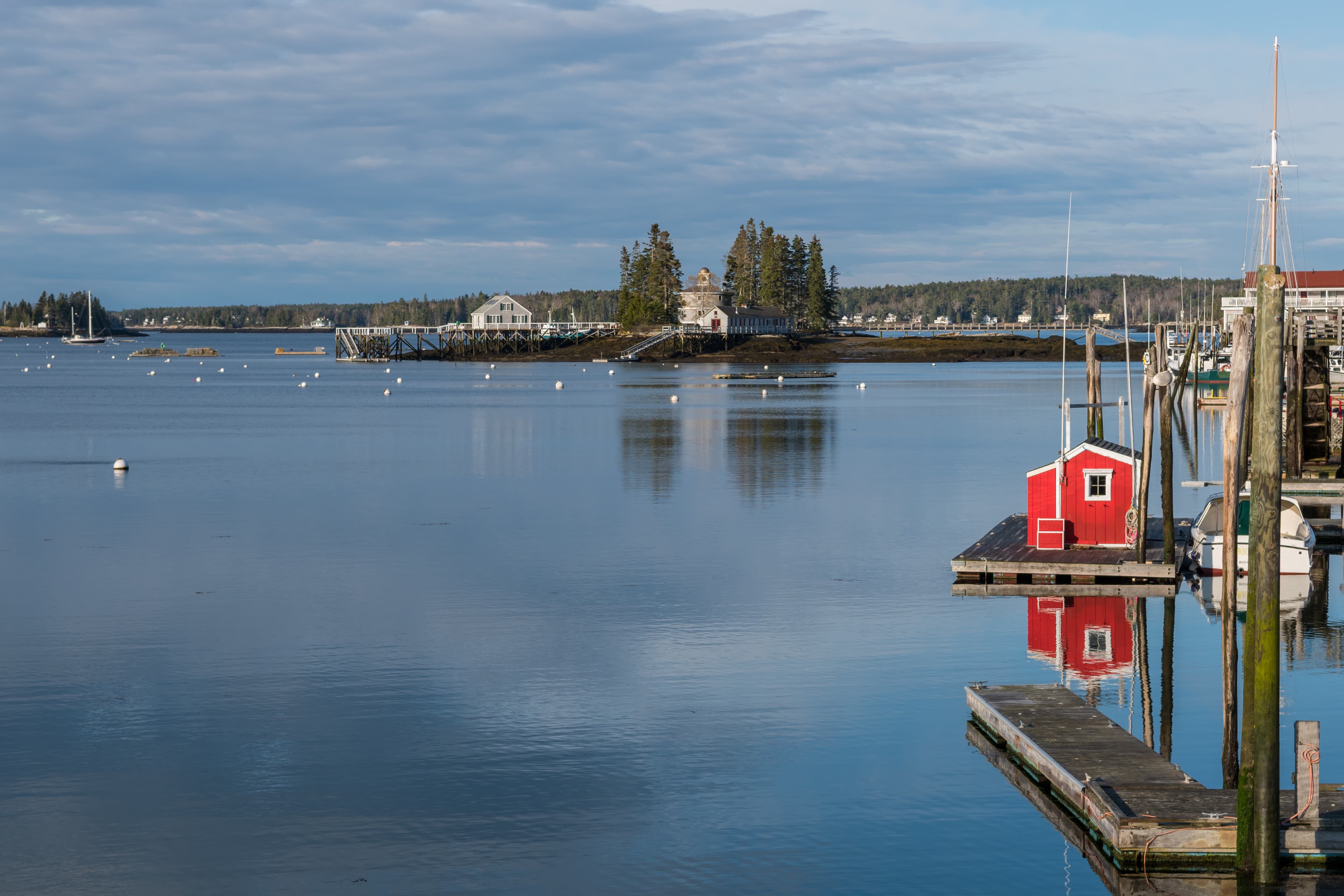 A large harbor area dotted with white buoys with a lighthouse on a distant island