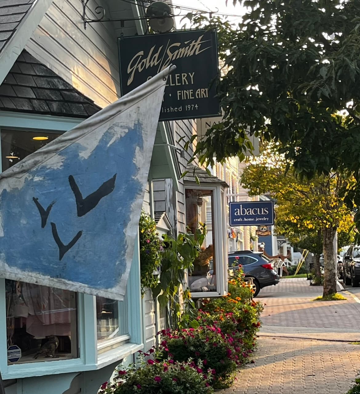 A quaint main street with shop signs and flower pots below the windows